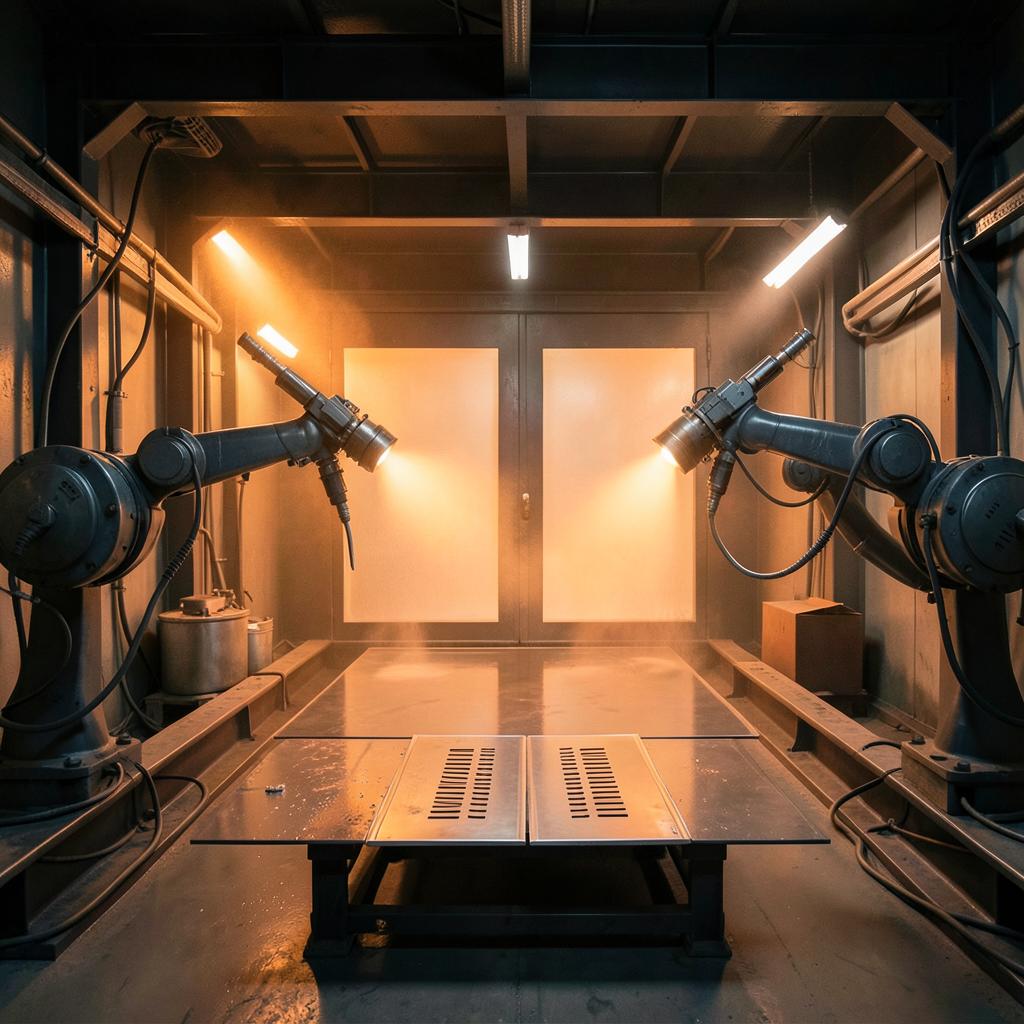 Robotic spray arms inside an industrial paint booth