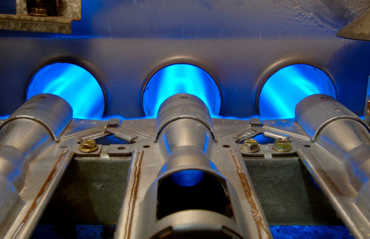 Blue flames across industrial burner ports